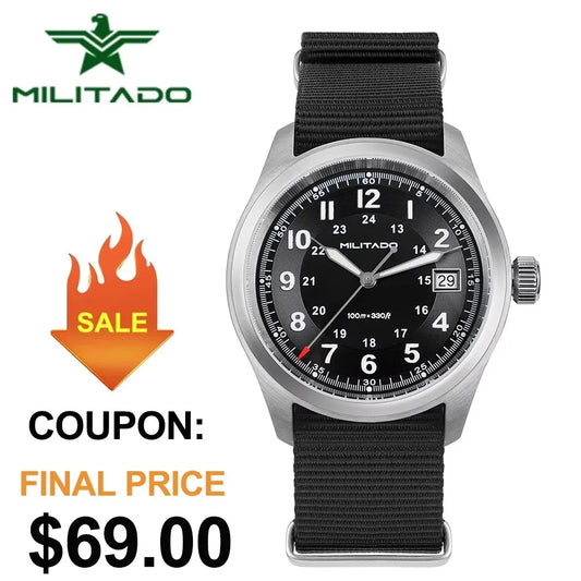 Militado ML08 Quartz Watch Ronda 515 Movement Domed Sapphire Wristwatch BGW9 Luminous 10Bar Waterproof 38mm Men Watches