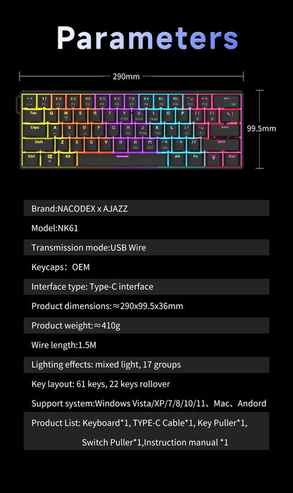 Ajazz NK61 Wired Mechanical Gaming Keyboard with full-key hot-swappable switches RGB lighting effects 61 keys red switches
