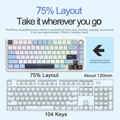 F75 Mechanical Keyboard FREEWOLF 81 Keys Layout Metal Knobs PBT Keycaps, Fully Hot-swappable Keys RGB Multi-color Backlighting