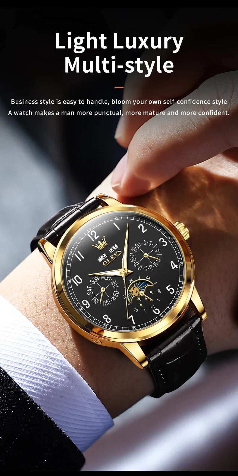 OLEVS 6698 Mens Watch Luxury Dress Brand Moon Phase Automatic Mechanical Watch For Men Leather  Waterproof Dual Calendar Watch