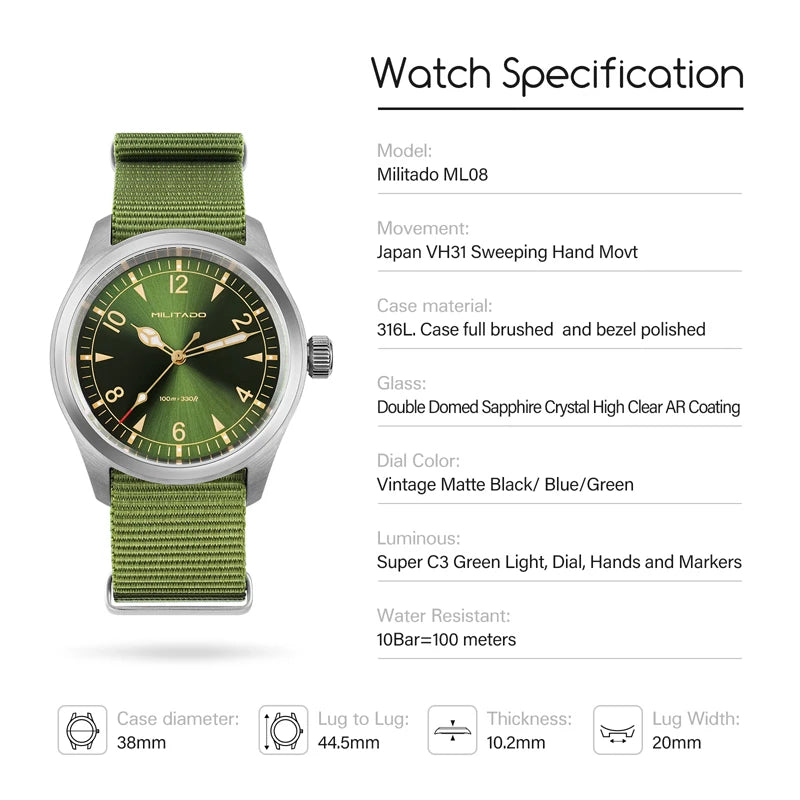 Militado ML08 Men Military Watch Ronda 515 Movement Sapphire Luminous Vintage Watches 10Bar Waterproof Stainless Steel Watch