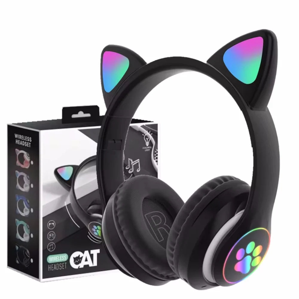 Cute Cat Ear Bluetooth Compatible Headset with LED Wireless Headset Children Girls Stereo Folding Sports Headset with Microphone