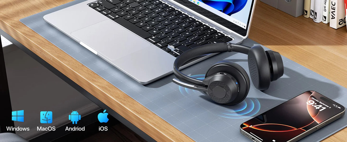 Bluetooth Headset, Wireless Bluetooth V5.4 Headphones with Microphone, Noise Canceling Mic Multipoint Connect Wireless Headset