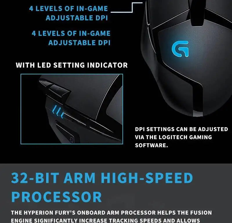 Herní myš Logitech G402 Fusion Engine Tech, 4 nastavení DPI, 32bitový procesor, protiskluzové provedení pro profesionální soutěžní hraní
