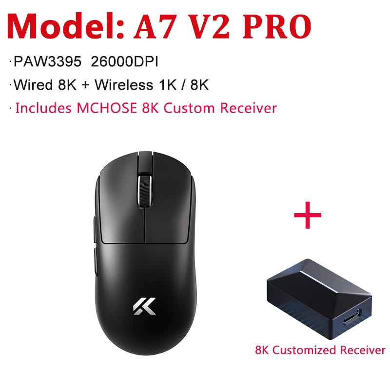 MCHOSE A7 V2 Ultra / Pro ľahká bezdrôtová herná myš s duálnou frekvenciou 8000Hz, PAW3950 TI, 42000DPI, pre PC a e-športových hráčov