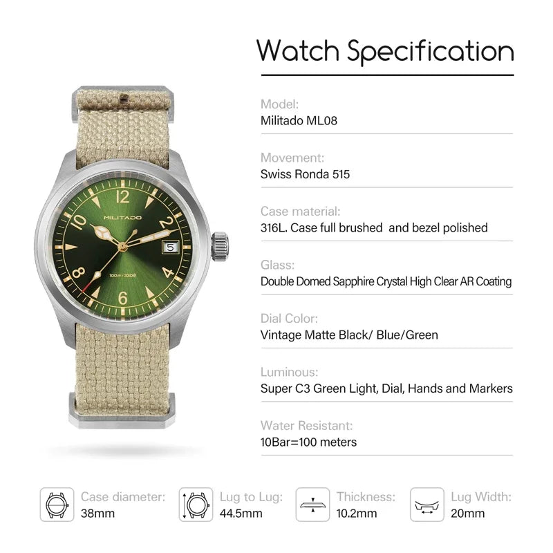 Militado ML08 Men Military Watch Ronda 515 Movement Sapphire Luminous Vintage Watches 10Bar Waterproof Stainless Steel Watch