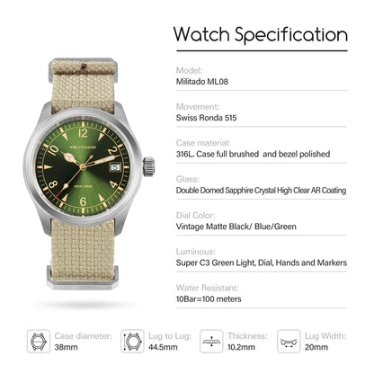 Militado ML08 Men Military Watch Ronda 515 Movement Sapphire Luminous Vintage Watches 10Bar Waterproof Stainless Steel Watch
