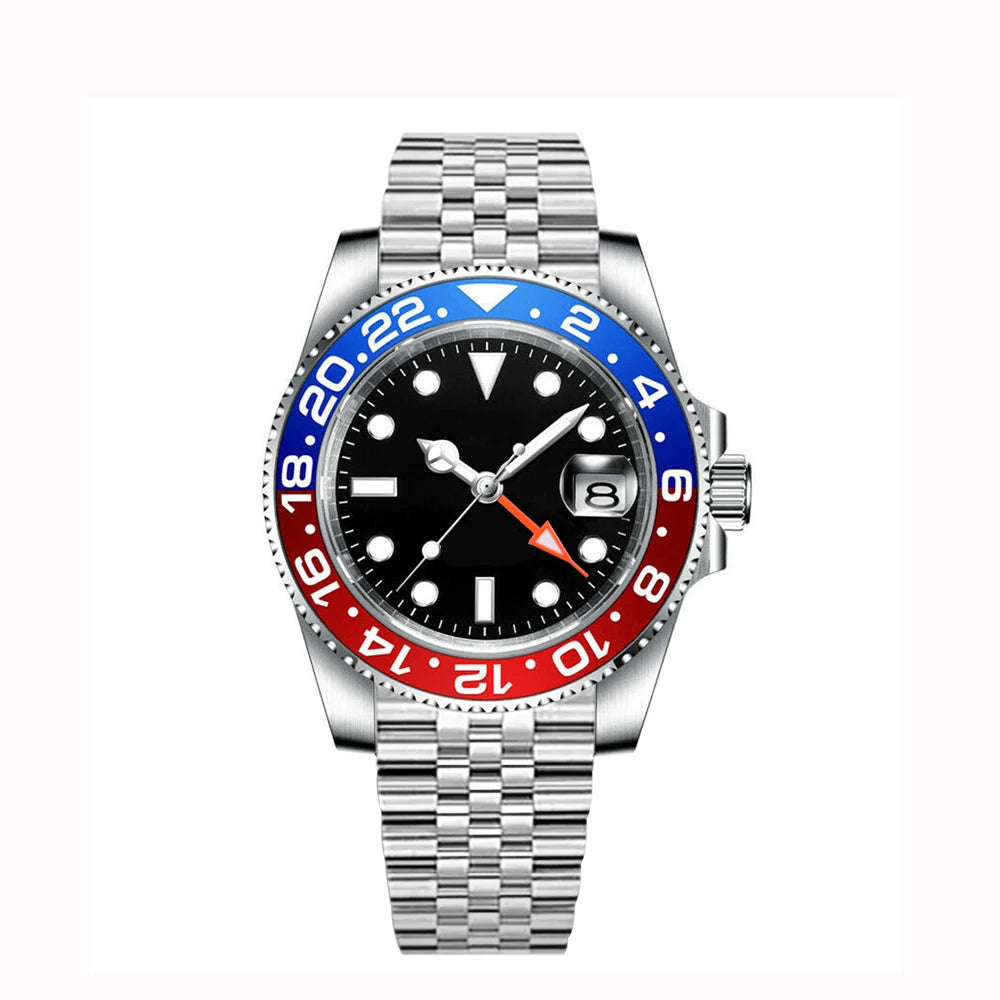 40MM Custom Logo New Men Quart Wristwatch Jubilee Stainless Quartz GMT Watch Sapphire Glass Men Watches Waterproof Luminous