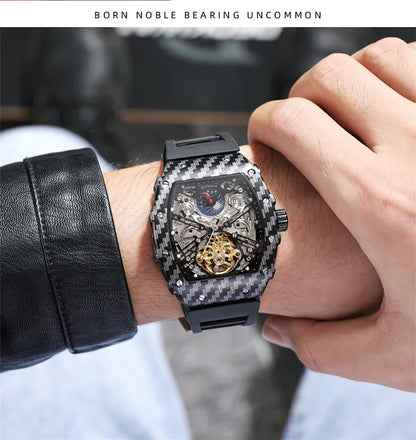 Mechanické hodinky s tourbillonem pro muže, silikonový řemínek, skeletové, tvaru tonneau, automatické, luxusní pánské hodinky Reloj Hombre