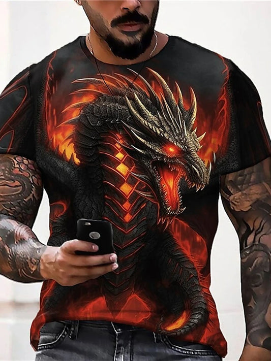 2024 zomer streetstyle heren-T-shirt, urban everyday casual top met korte mouwen, 3D-drakenprint, outdoor heren-T-shirt