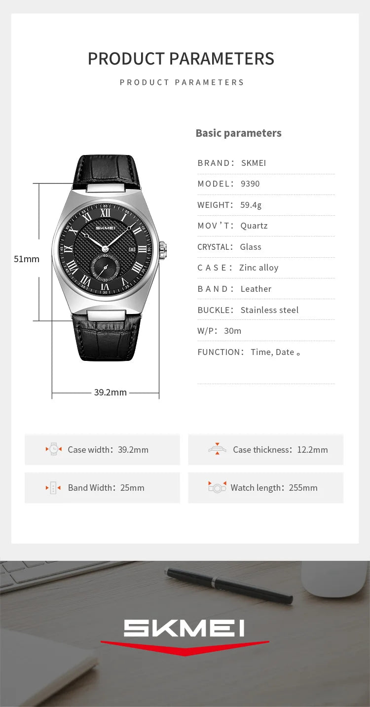 SKMEI 9390 Elegant Men's Quartz Watch Roman Scale Calendar Waterproof Leather Strap Casual Business Watches for Man Reloj Hombre