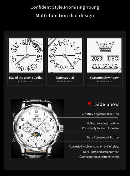 OLEVS 6698 Mens Watch Luxury Dress Brand Moon Phase Automatic Mechanical Watch For Men Leather  Waterproof Dual Calendar Watch