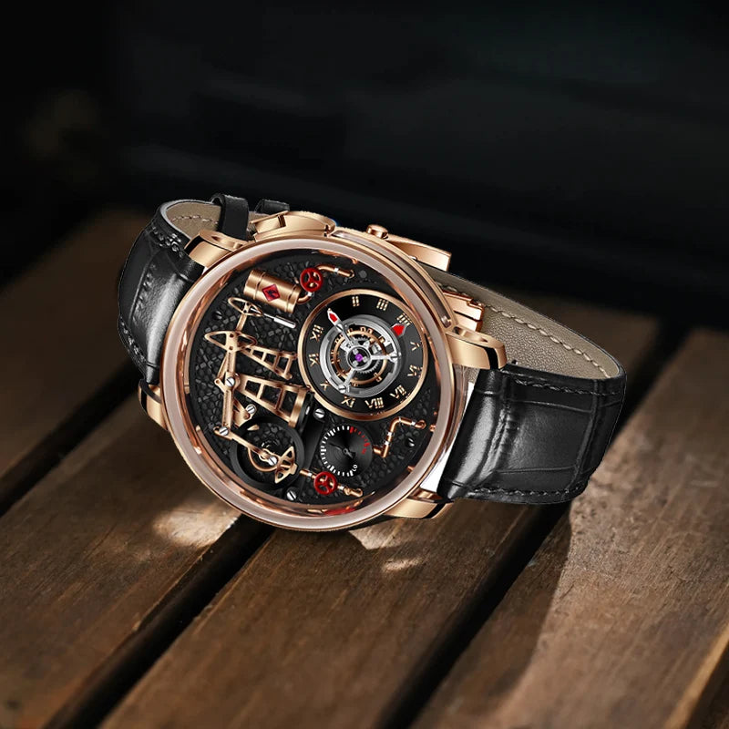 PINDU NEW TOP Quartz Watches Button oil Pump Business Men Wristwatches 45.5MM Sapphire Mirror Waterproof Leather Watch for Men