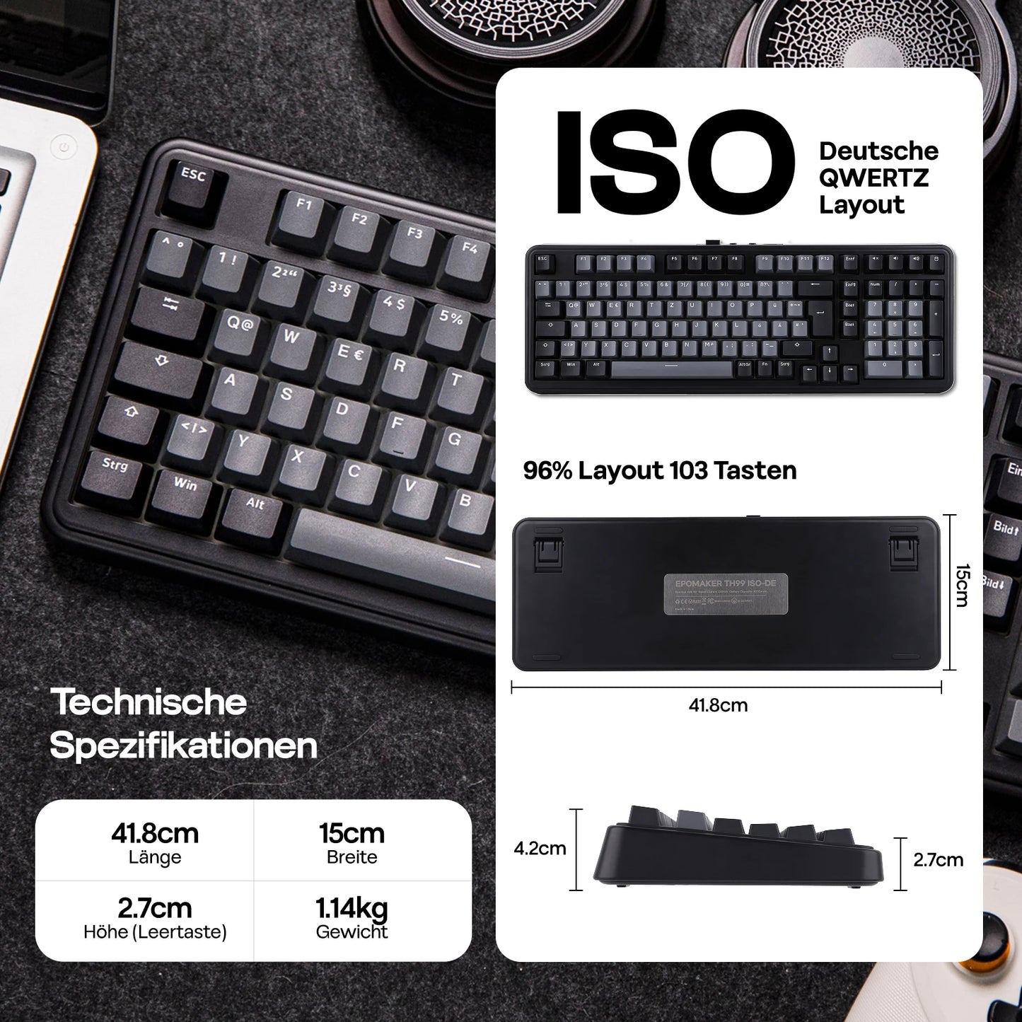 ISO-DE Layout EPOMAKER TH99 QWERTZ Layout 96% Creamy Gasket Wired/Bluetooth/2.4G Wireless Mechanical Keyboard with Knob/Numpad