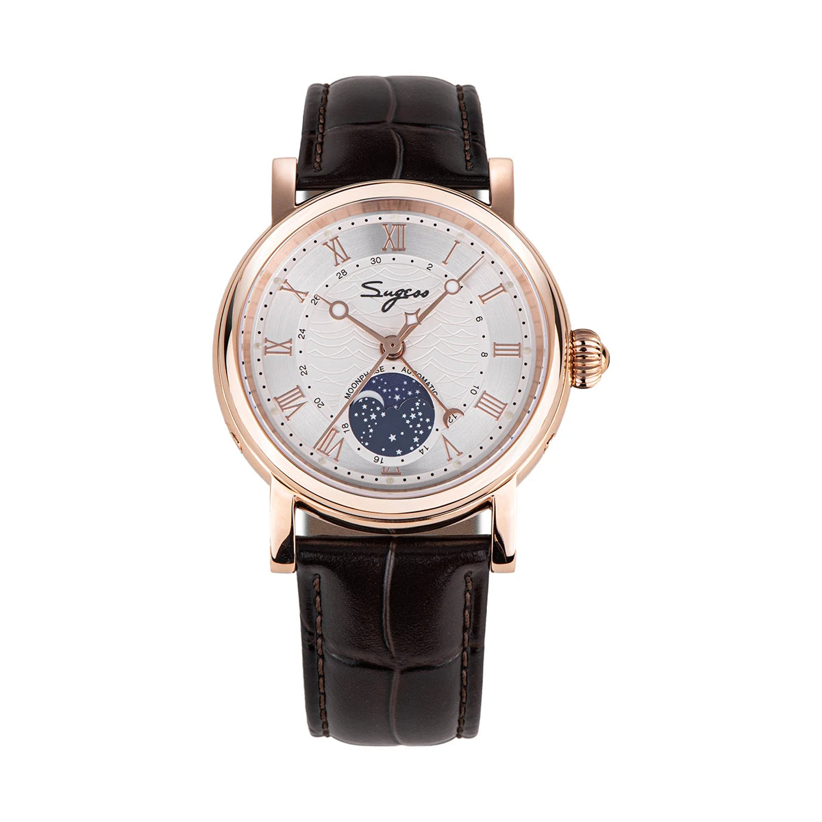 Sugess Watches for Men Automatic Mechanical Watch Moonphase Tianjin ST2108 Waterproof Date Hands Sapphire Crystal Rome Wave Dial