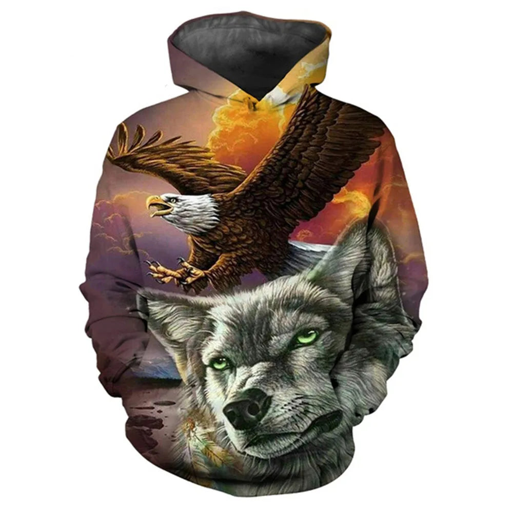 Sweatshirt com capuz oversized casual unissexo com estampado 3D de tigre, águia e lobo, estilo descontraído, pulôver de moda popular para homem