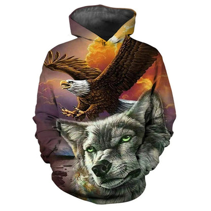 Sweatshirt com capuz oversized casual unissexo com estampado 3D de tigre, águia e lobo, estilo descontraído, pulôver de moda popular para homem