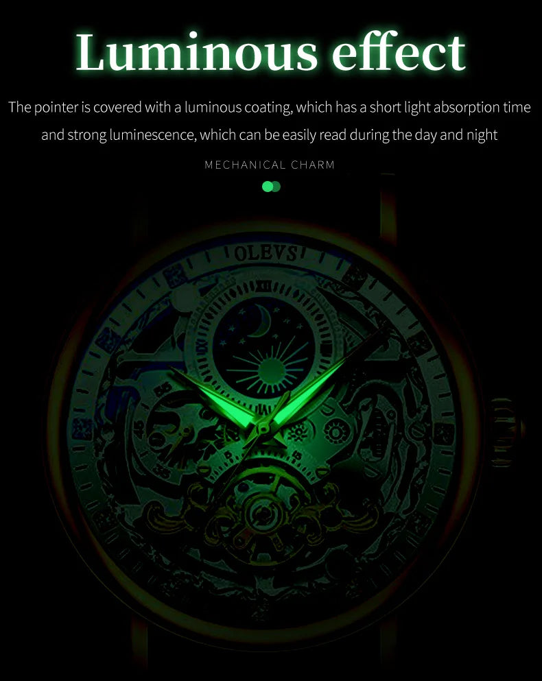 OLEVS Brand 2024 Fashion Moon Phase Skeleton Mechanical Watch for Men Sport Leather Waterproof Luxury Tourbillon Watches Mens