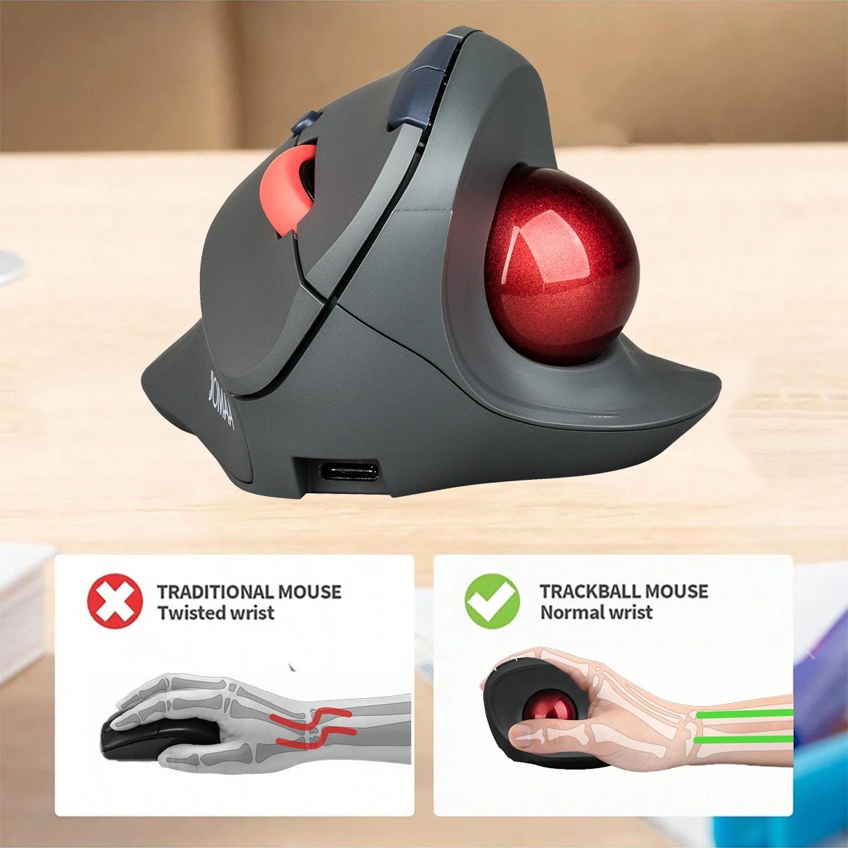 JOMAA langaton pystysuora ladattava trackball-hiiri, ergonominen hiljaisen klikkauksen Rollerball Gaming Mouse Windows-tietokoneelle