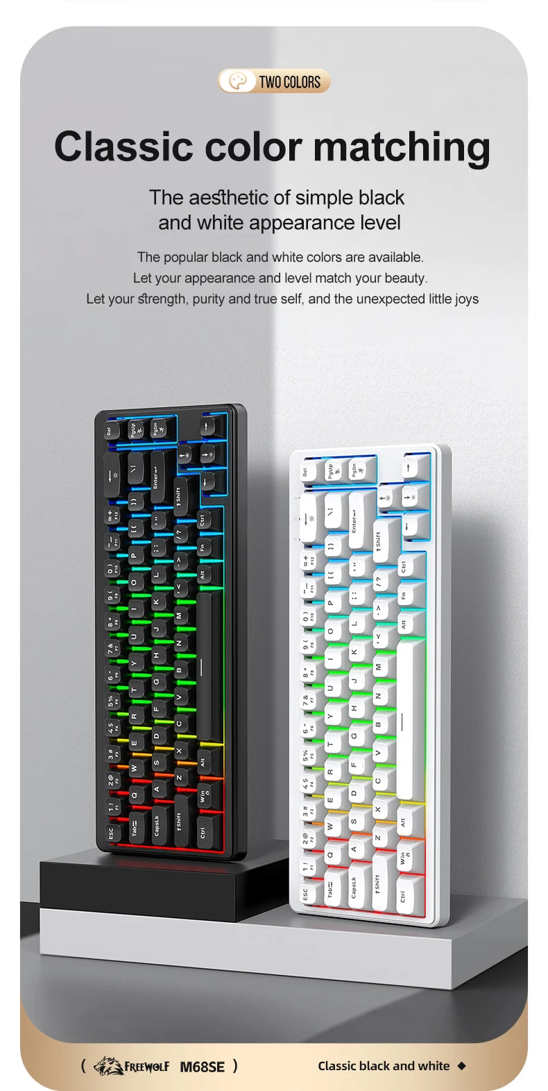 FREEWOLF M68SE 68 key wired mini keyboard, designed ergonomically, dazzling lights and compatible with multiple systems