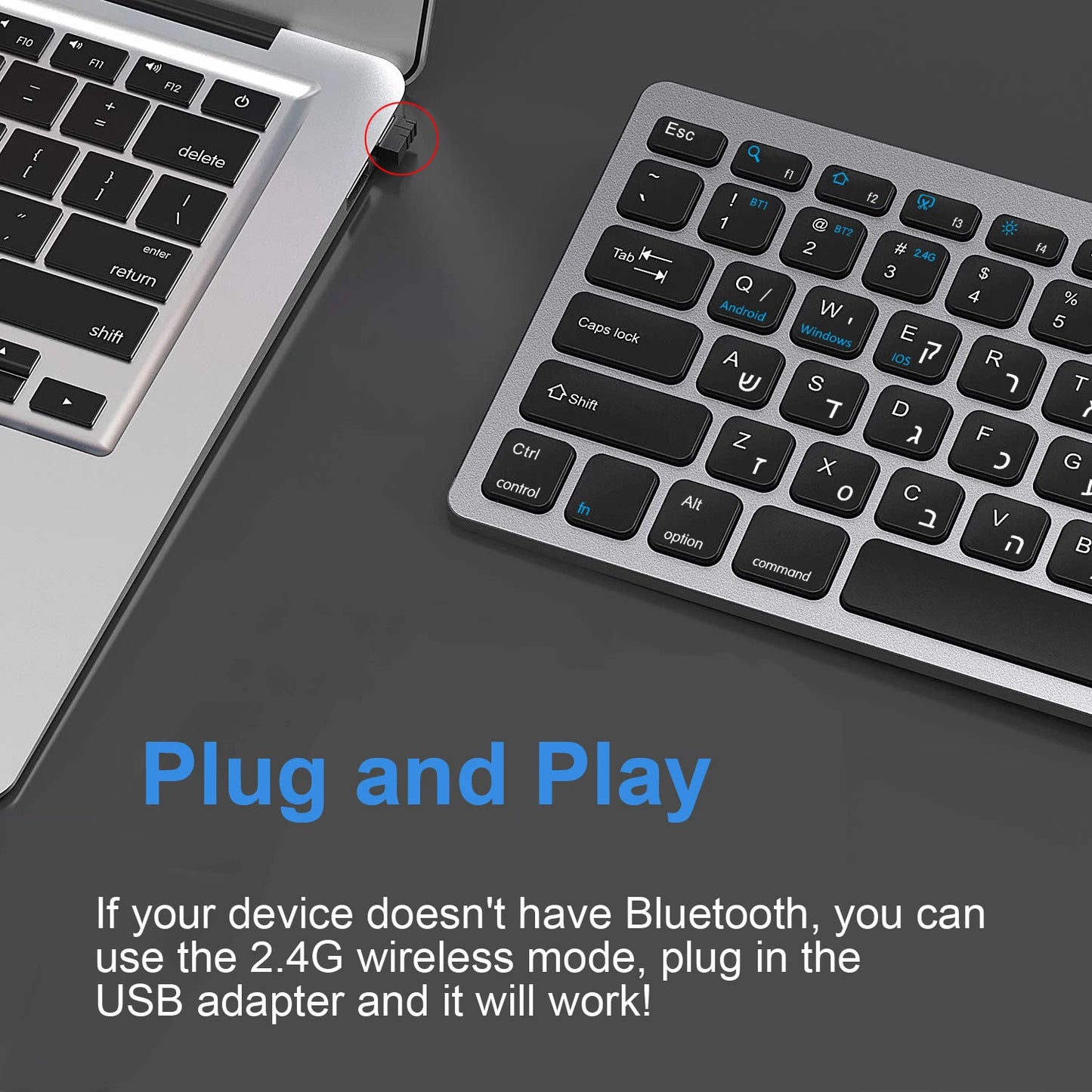 Ultra Slim Hebrew Bluetooth & 2.4G Dual Mode Keyboard Israel Wireless Keyboard Low noise for iOS iPad Android Tablets Windows