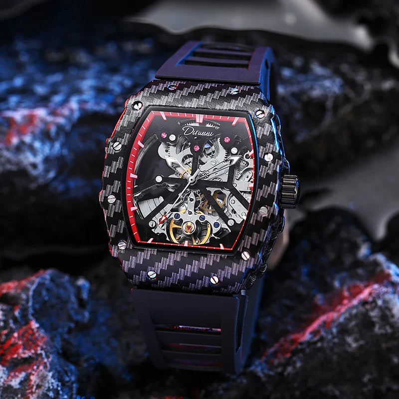 Mechanické hodinky s tourbillonem pro muže, silikonový řemínek, skeletové, tvaru tonneau, automatické, luxusní pánské hodinky Reloj Hombre