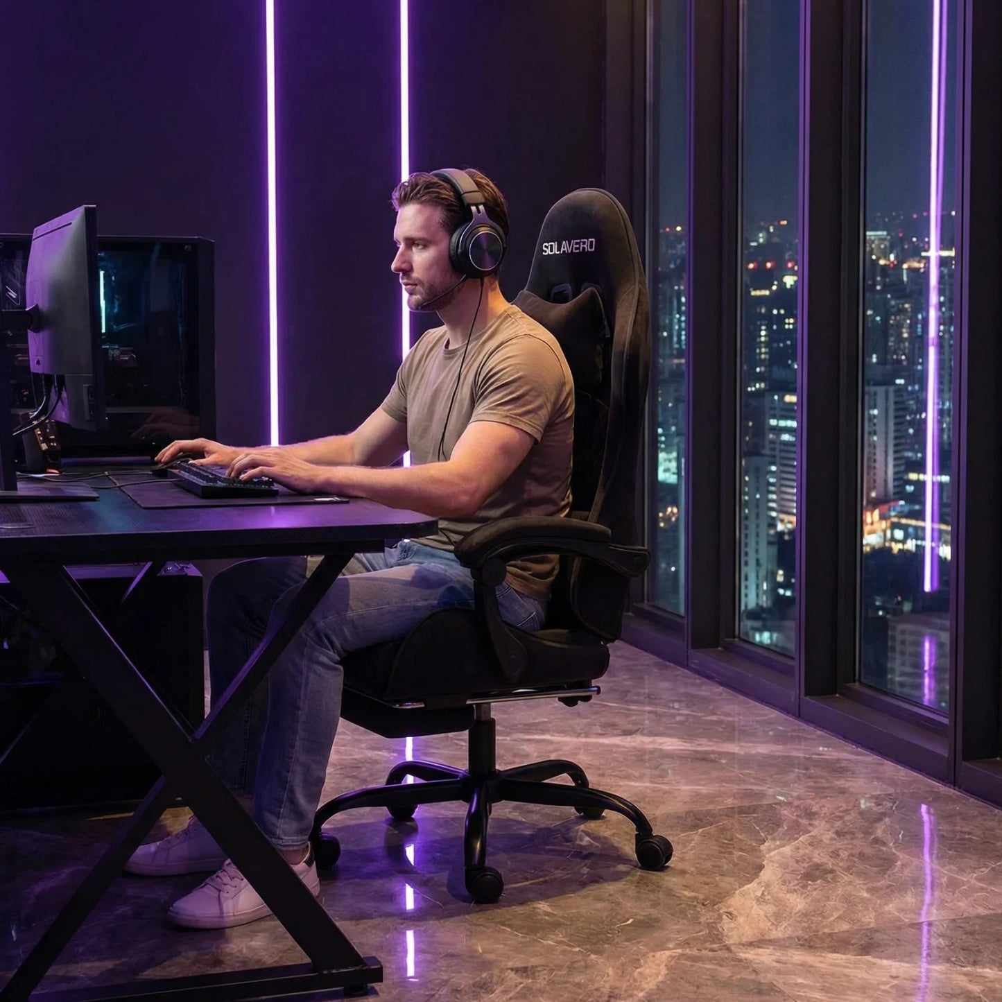 Massage Gaming Chair, Computer Office Chair with Comfy Fabric, Height Adjustable Game Chair with 360° Swivel Seat and Headrest