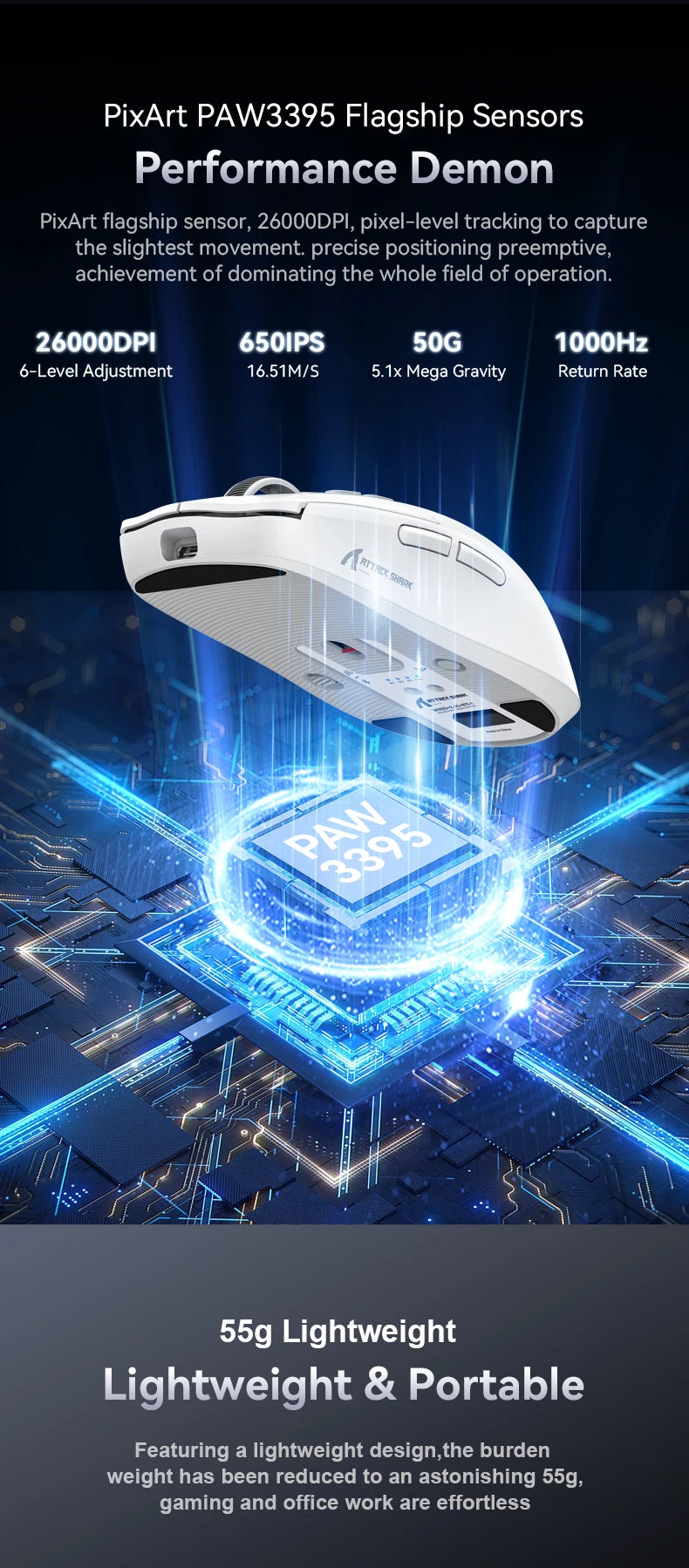 Attack Shark X6 Lightweight Wireless Gaming Mouse with 3 Mode Up to 26K DPI RGB Backlight Charging Base for Laptop Deskbtop