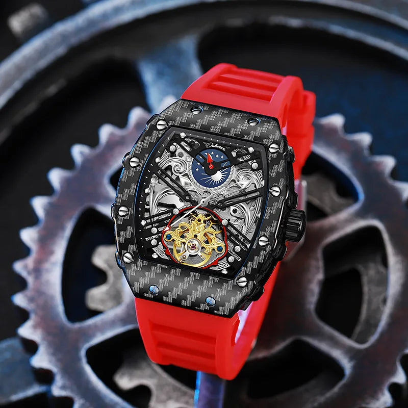 Mechanické hodinky s tourbillonem pro muže, silikonový řemínek, skeletové, tvaru tonneau, automatické, luxusní pánské hodinky Reloj Hombre