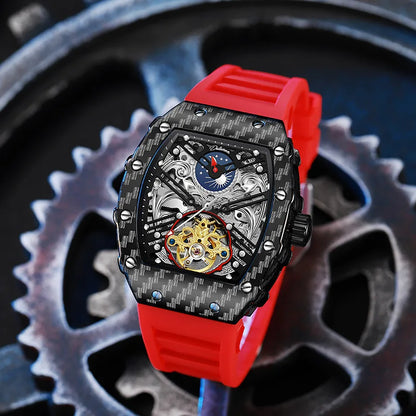 Mechanické hodinky s tourbillonem pro muže, silikonový řemínek, skeletové, tvaru tonneau, automatické, luxusní pánské hodinky Reloj Hombre