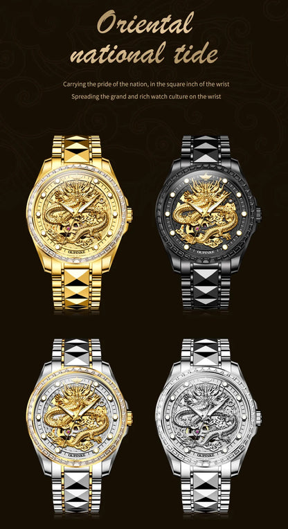 Reloj para hombre OUPINKE de marca de lujo, oro y acero de tungsteno, original, automático mecánico, con esfera decorada con motivo de dragón