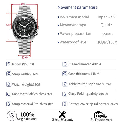 PAGANI DESIGN 2026 New Meteorite pattern dial Luxury Quartz Watch For Men Speed Sport Chronograph AR Sapphire crystal Wristwatch