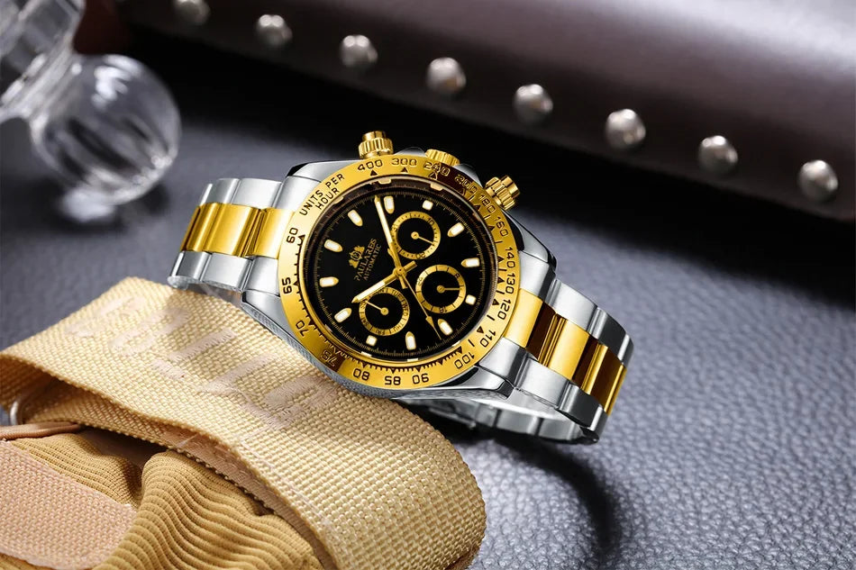 Automatic Mens Watch Self Wind Mechanical Gold Stainless Steel Glacier Ice Blue Dial Chestnut Brown Bezel Luminous Men Watches