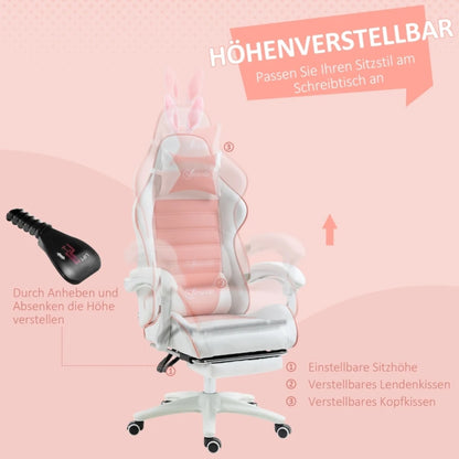 Ergonomic Gaming Chair, Reclinable Gamer Chair 135 ° , Footrest, Lumbar Cushion and Headrest, Adjustable Height, Pink