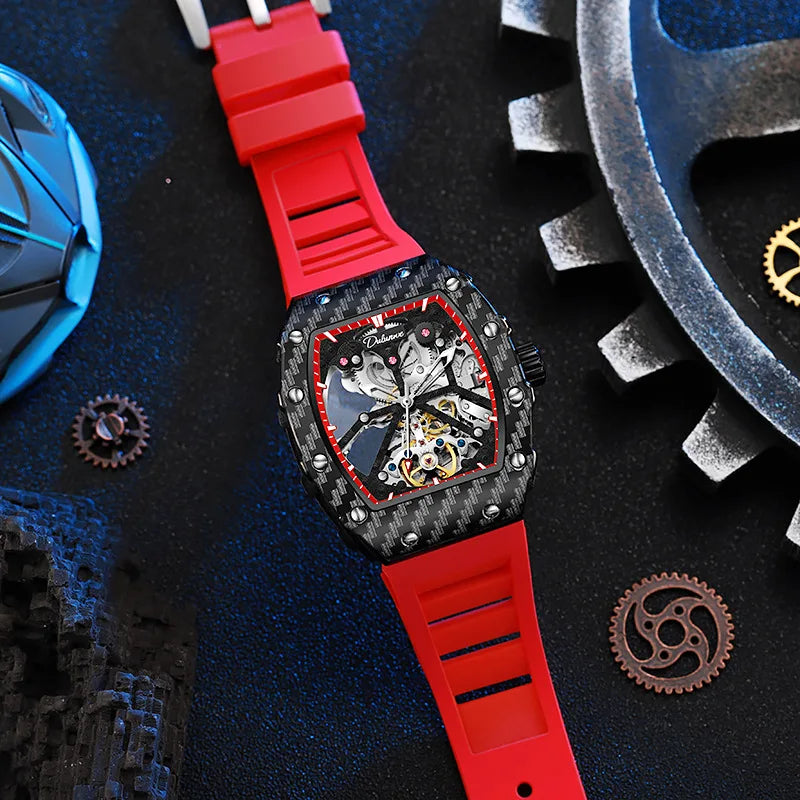 Mechanické hodinky s tourbillonem pro muže, silikonový řemínek, skeletové, tvaru tonneau, automatické, luxusní pánské hodinky Reloj Hombre