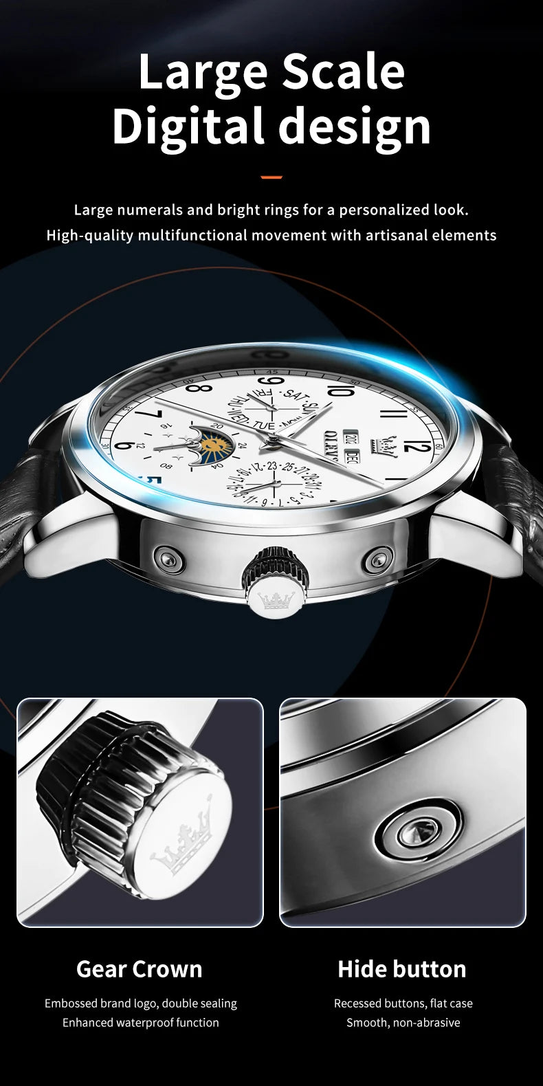 OLEVS 6698 Mens Watch Luxury Dress Brand Moon Phase Automatic Mechanical Watch For Men Leather  Waterproof Dual Calendar Watch