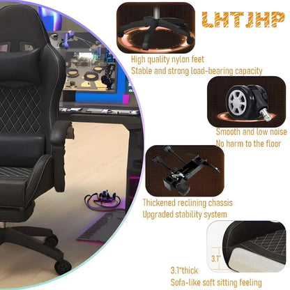 Hestora PU-leren grote en hoge gamingstoel, ergonomische computerstoel met hoge rugleuning, voetensteun en masserende lendensteun voor volwassenen