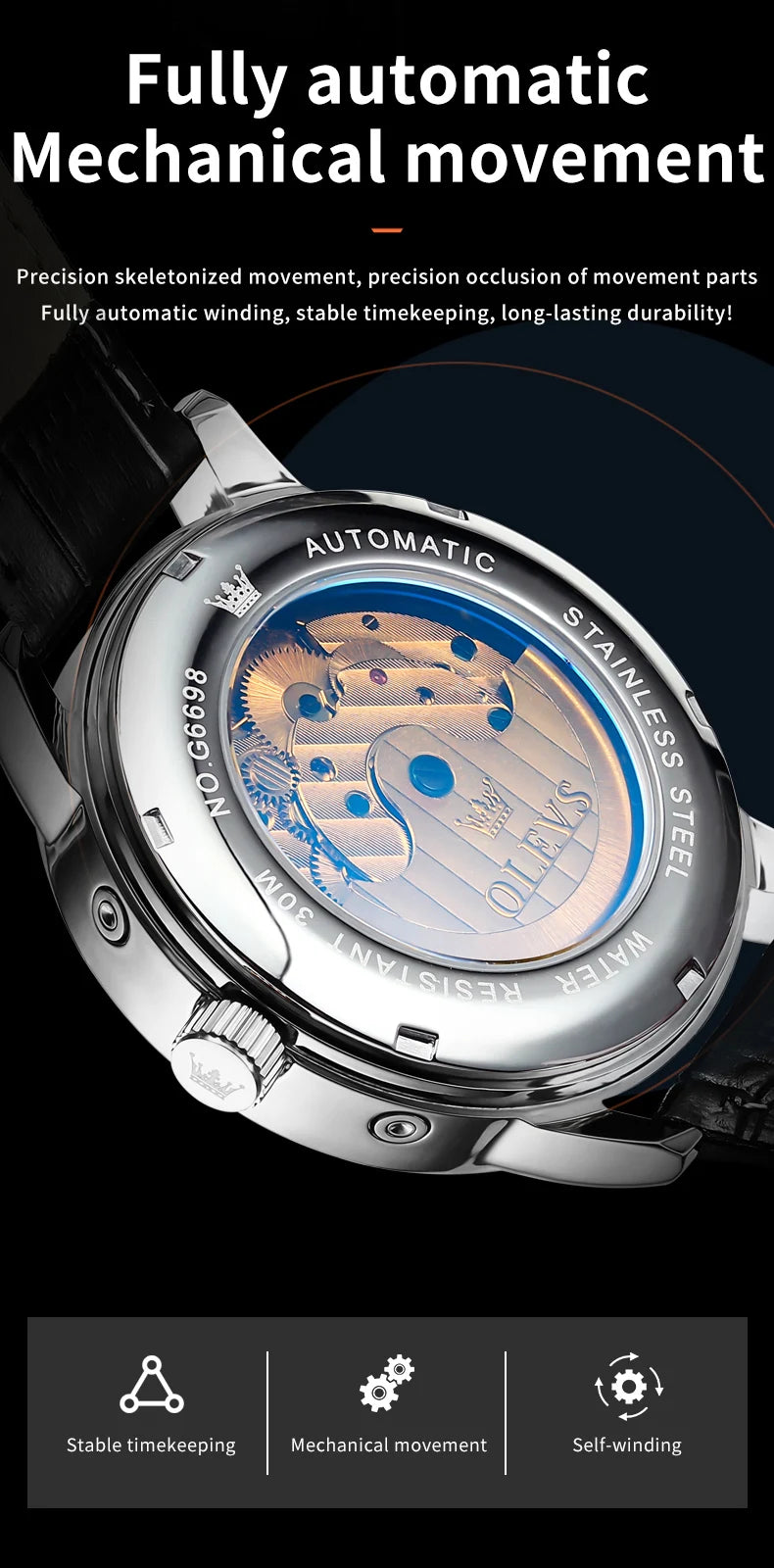 OLEVS 6698 Mens Watch Luxury Dress Brand Moon Phase Automatic Mechanical Watch For Men Leather  Waterproof Dual Calendar Watch