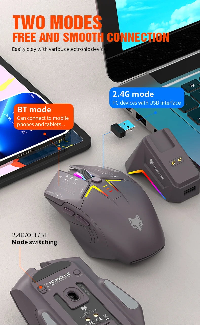 XUNSVFOX H2 langaton Bluetooth-kaksoistilahiiri RGB-valaistustehosteella kannettavalle, pelaamiseen ja toimistokäyttöön, magneettinen lataus