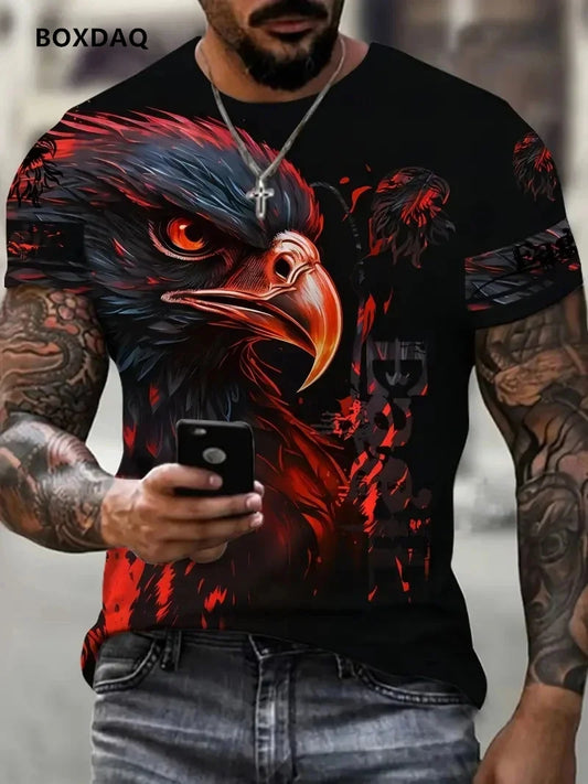 Luźny męski T-shirt Fashion Eagle z okrągłym dekoltem, casualowy top z krótkim rękawem, uliczny T-shirt z nadrukiem 3D zwierzęcia, rozmiar do 6XL, oddychająca koszulka