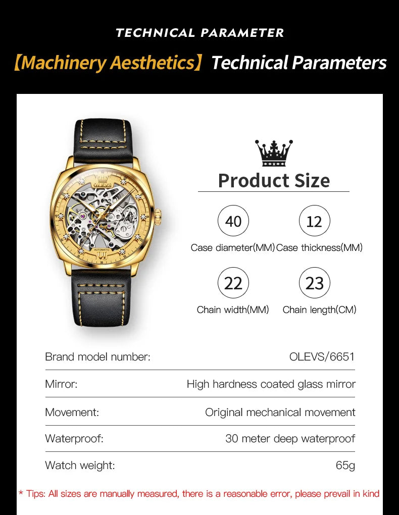 OLEVS 6651 Men's Watch Classic Automatic Mechanical Watch For Men Hollow Skeleton Clock Luxury Leather Waterproof Wrist Watches