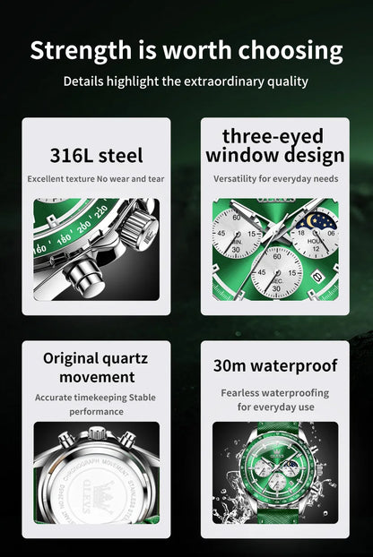OLEVS Men's Watches Fashion Sports Green Watch For Men Multifunctional Quartz Wristwatches Men Waterproof Leather reloj hombre