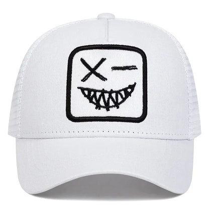 Unisex X Baseball-Netzkappen mit Stickerei eines lächelnden Gesichts und Zähnen – Sonnenhut für Frühling und Sommer, im Freien, mit Sonnenschutz, verstellbare Freizeit-Trucker-Kappen