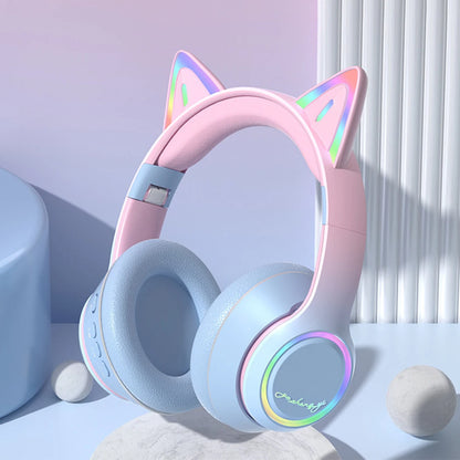 RGB Cat Ear Bluetooth Headphones Wireless Kids Headset with Microphone, Gradient LED Light Gaming Headphones, Stereo Music Bluetooth 5.3 Earphones for Girls