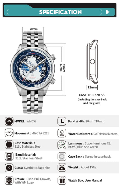 WM Watch Automatic Mechanical Men Watches High Quality Sapphire World Time Original Recognized Brand Welly Merck Watch Man WM057
