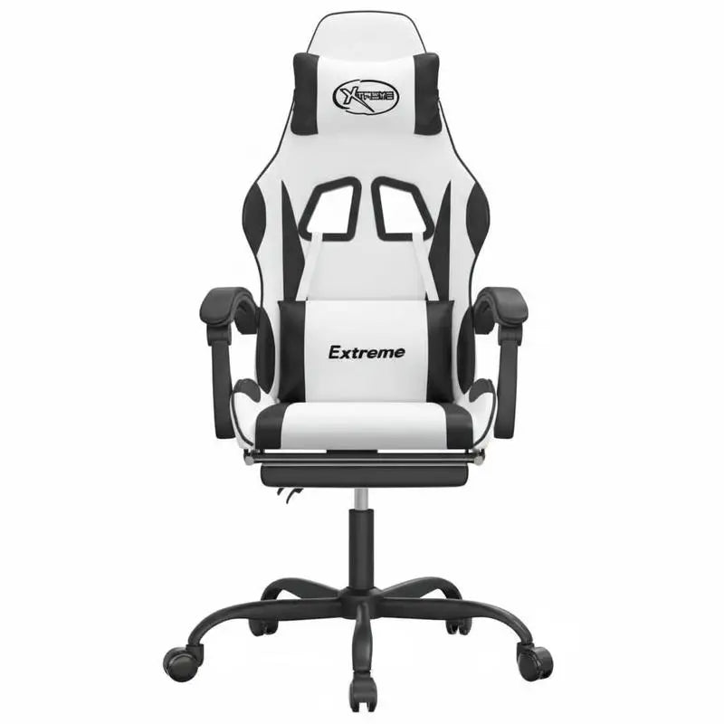 Gaming Chair with Footrest White and Black 57.5X59.5X121-131 Cm, Reclining, Swivel 360 ° Metal Structure, Load Capacity 110 kg