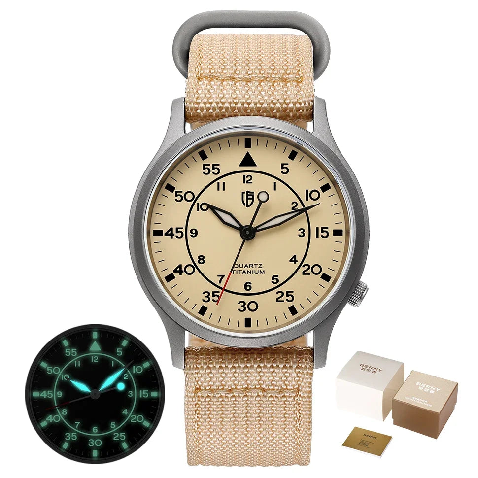 BERNY Titanium Watch For Men AR Coating Sapphire Fashion Wristwatch Luminous VH31 Ultra-thin Quartz Watch Waterproof 5ATM Watch