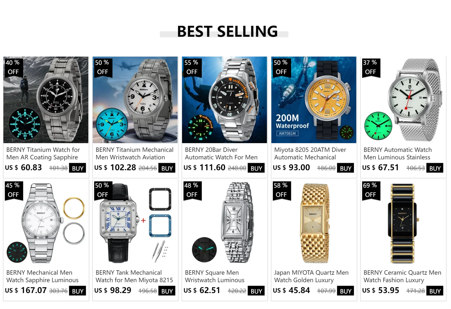BERNY Titanium Watch For Men AR Coating Sapphire Fashion Wristwatch Luminous VH31 Ultra-thin Quartz Watch Waterproof 5ATM Watch