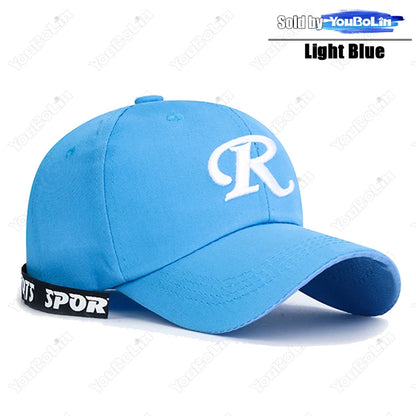 R-Buchstabe, Bandstickerei, Baumwolle, verstellbar, Baseballkappe mit festem Schirm, Sonnenhut, Trucker-Caps, Hip-Hop-Caps