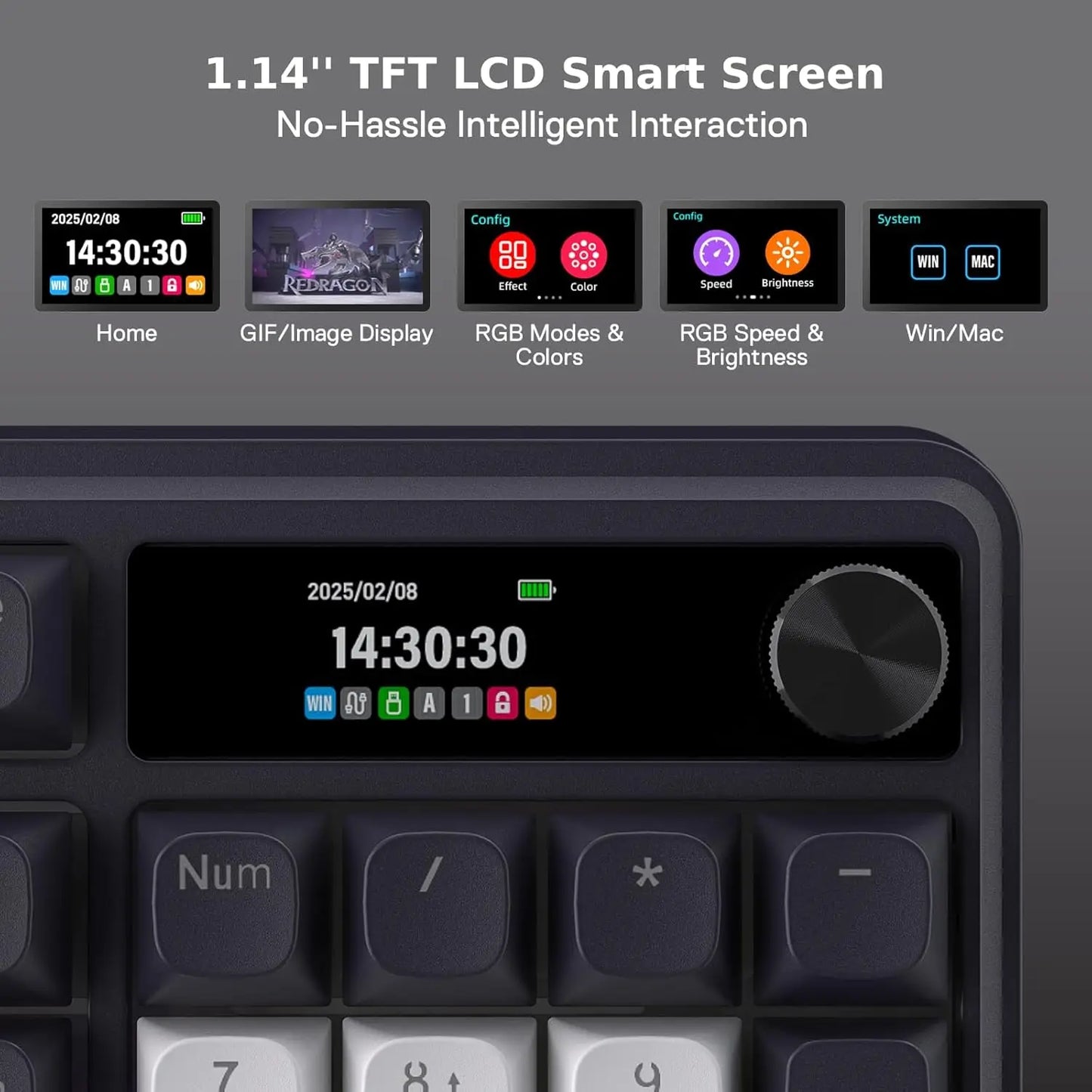 Redragon K762 Wireless Gasket Gaming Keyboard,104 Keys Mechanical Keyboard, Easy-Control 1.14’’ TFT Info Display